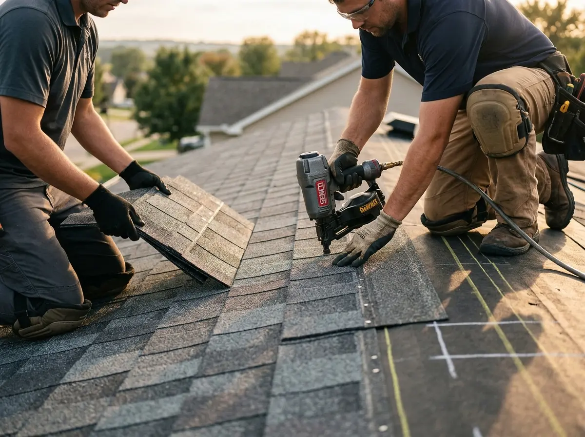 Professional roofer working on a residential roof in Jaffrey